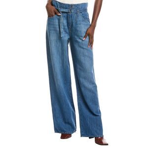 7 For All Mankind Womens Belted Wide-Leg Linen-Blend Trouser, Blue